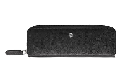 Black wallet with a brand logo on a white background