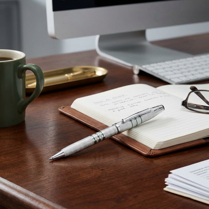 Desk setup with a notebook, pen, coffee mug, and computer monitor.